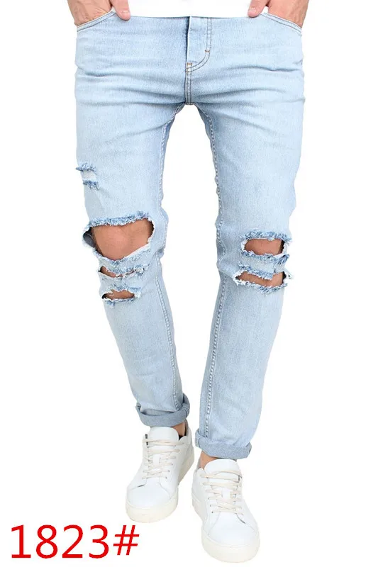 Для мужчин синие джинсы стрейч уничтожены рваные patchwrok плиссированные Дизайн Модные ботильоны на молнии обтягивающие джинсы для Для мужчин