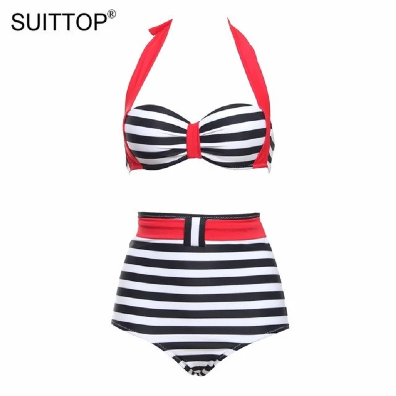 2017Europe United States Navy Stripes Retro High Waist Swimwear Women