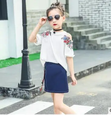 Корейский комплект с вышивкой для девочек, детская одежда, средний и большой Детский комплект из двух предметов, одежда для малышей - Цвет: Белый