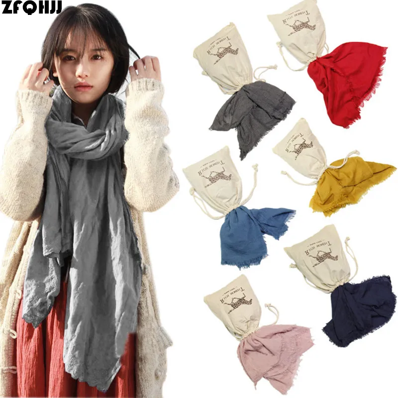 

ZFQHJ 200*130cm Luxury Brand Cotton Linen Solid Oversized Long Large Spring Autumn Hajib Scarf Tassel Women Shawls and Scarves