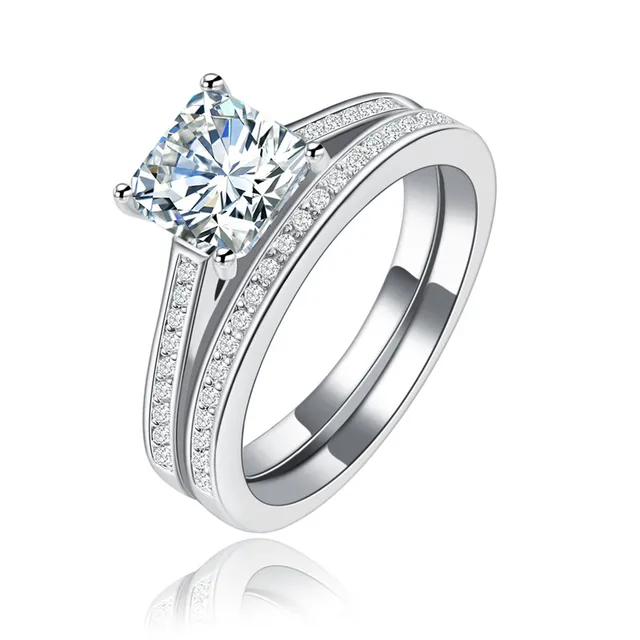Two Pieces Bridal Sets Crystal Double Rings Silver Plated Ring For Two Pieces Bridal Sets Crystal Double Rings Silver Plated Ring For Women Cz Diamonds Wedding Luxury