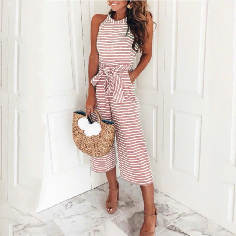 Women-One-Piece-Rompers-Blue-Pink-Striped-Jumpsuits-Sexy-Sleeveless-Halter-Bow-Tie-Wide-Leg-Loose (1)