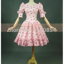 Розовый хлопковый узор короткий рукав с бантом милое платье лолиты