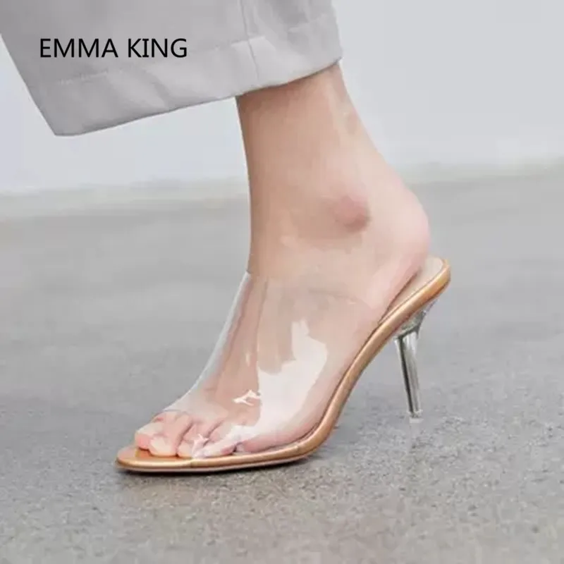 

Summer Fashion PVC Transparent Women Gladiator Sandals Peep Toe Sexy Pump Mules Shoes Woman Slip On Clear Thin High Heel Slipper