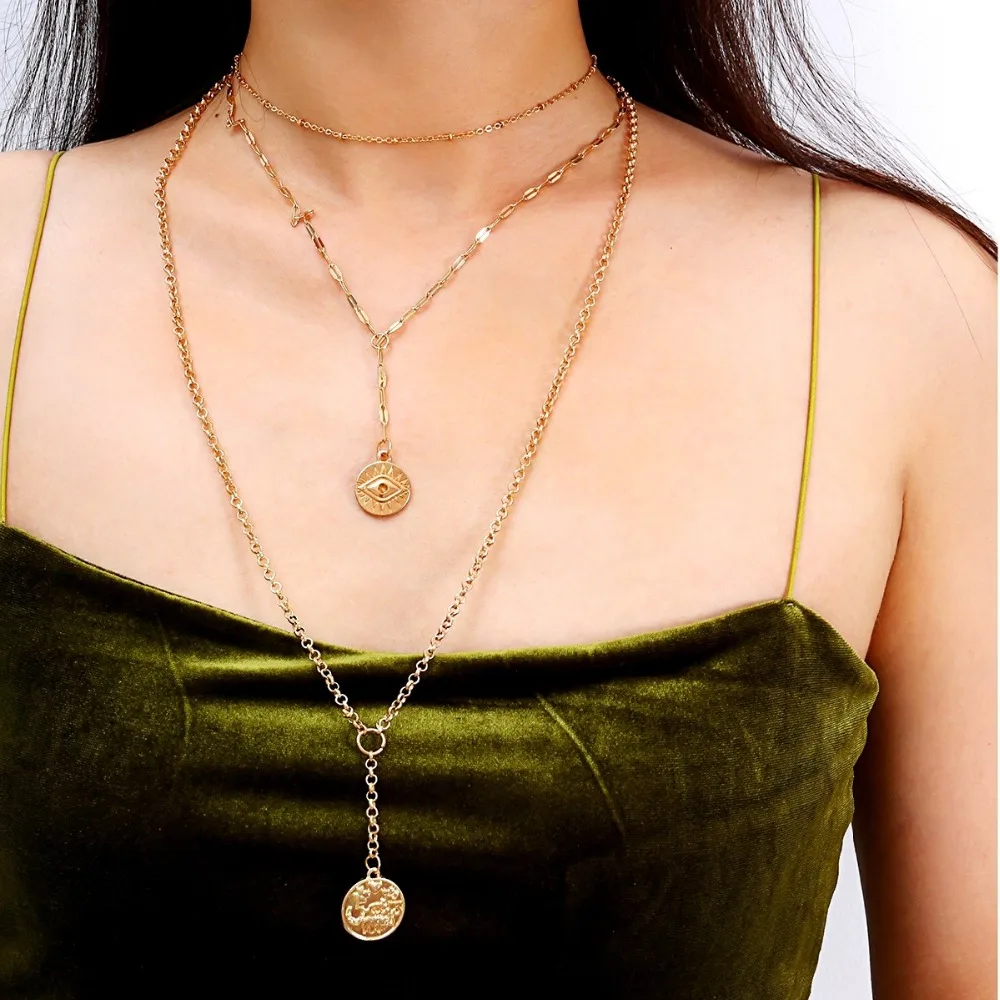 Rongho brand Vintage Metal Evil Eye Pendant necklaces for women Gold