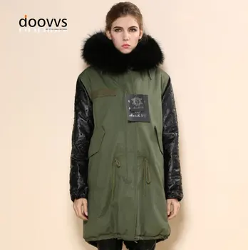 

Fashionable winter warm leather sleeve army green fur coats Mr Mrs real raccoon fur collar hooded jacket fur parka