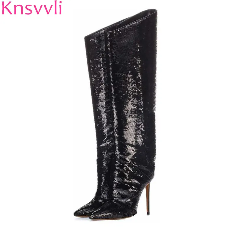 Mirror shiny leather Women Knee High Boots Designer black gold High heels Shoes Runway Sexy Over