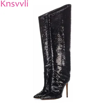 

Mirror shiny leather Women Knee High Boots Designer black gold High heels Shoes Runway Sexy Over the knee Knight boots 2018