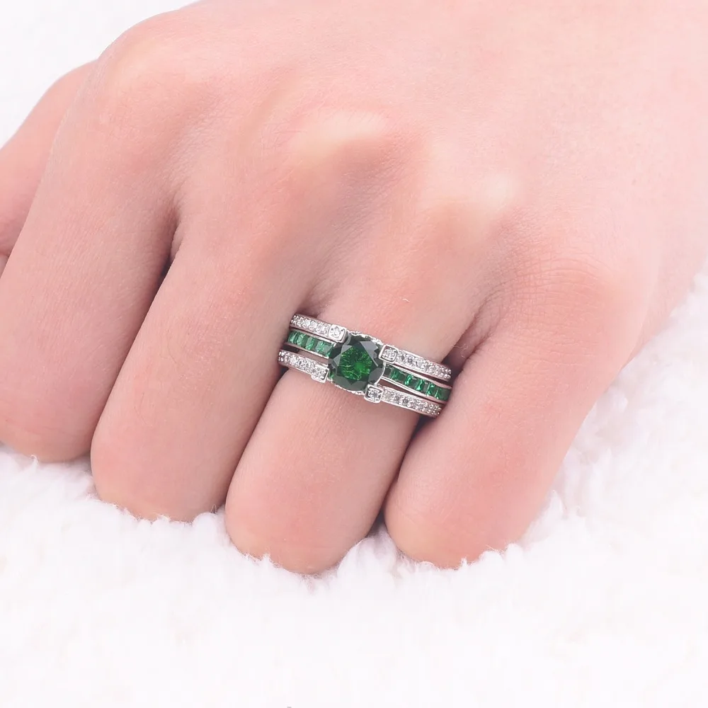 Jeulias Fashion Princess-cut Green Gemstone Ring for Women Engagement Double Rings set 925 Sterling Silver Birthstone Jewelry