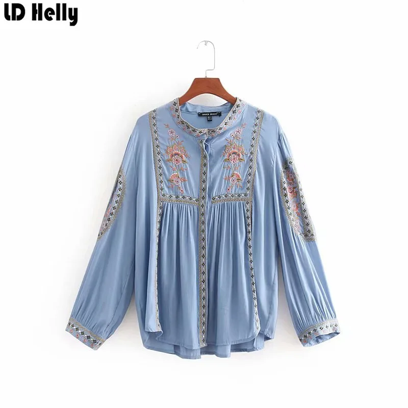 LD Helly осень 2018 Для женщин Цветочный Рубашки с вышивкой женский стенд воротник