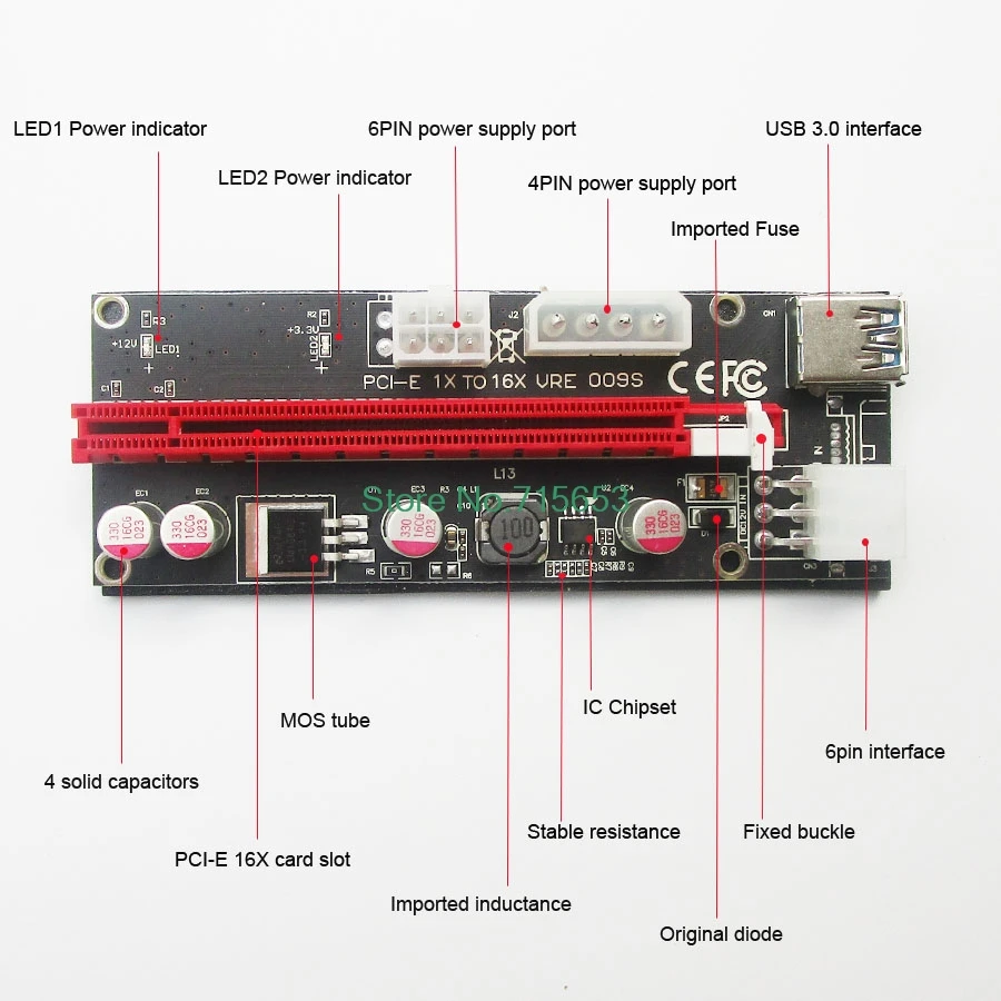 009 S PCIe Riser 1x к 16x Графика расширение для GPU добыча Powered стояка адаптера 60 см Кабель USB