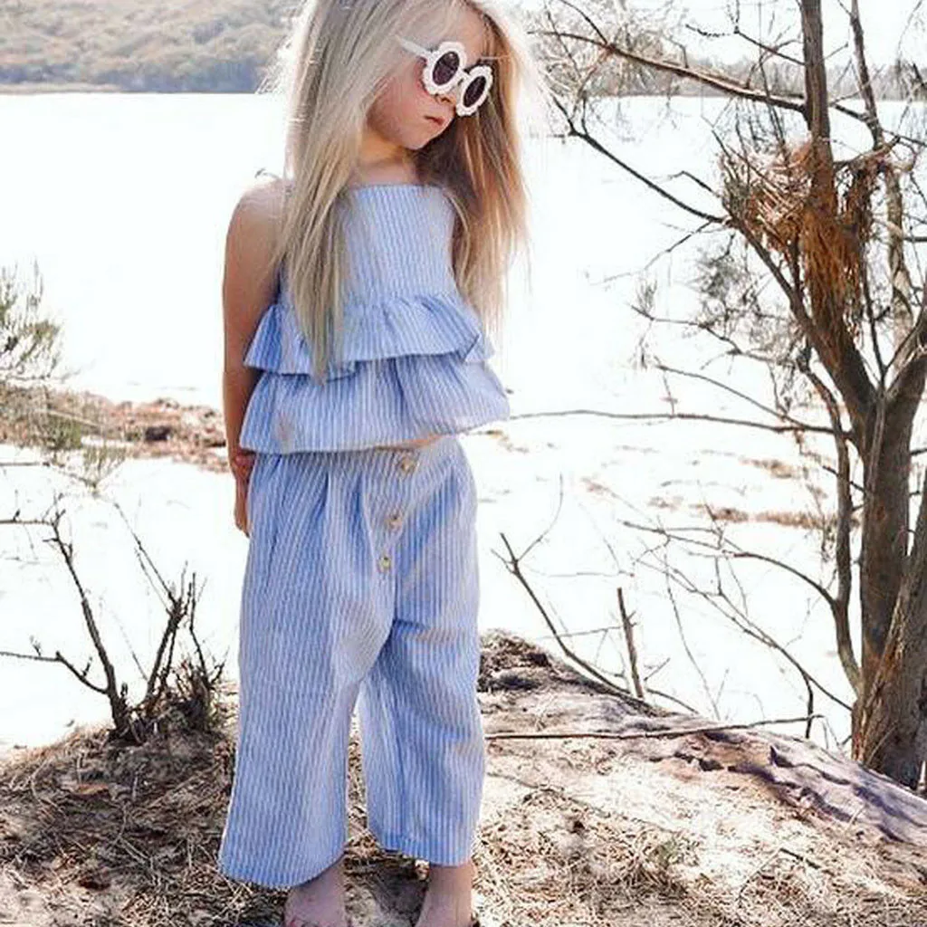 

Toddler Kids Baby Girls Striped Ruffle Tops T Shirt+Pants+Headband Outfits Sets vetement enfant conjuntos infantil de menina
