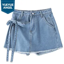 Джинсовые шорты Юбки Женская Новая мода мини со шнуровкой женская Юбка Saia Falda шорты с бантиком Юбки Плюс SizeS-4XL