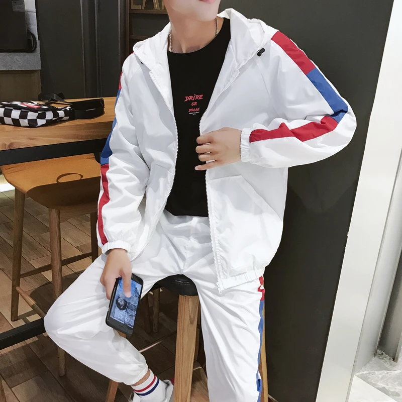 

Hooded jacket men's hip hop street suit 2019 new color matching cardigan thin section 2 sets of sportswear Casual jacket set