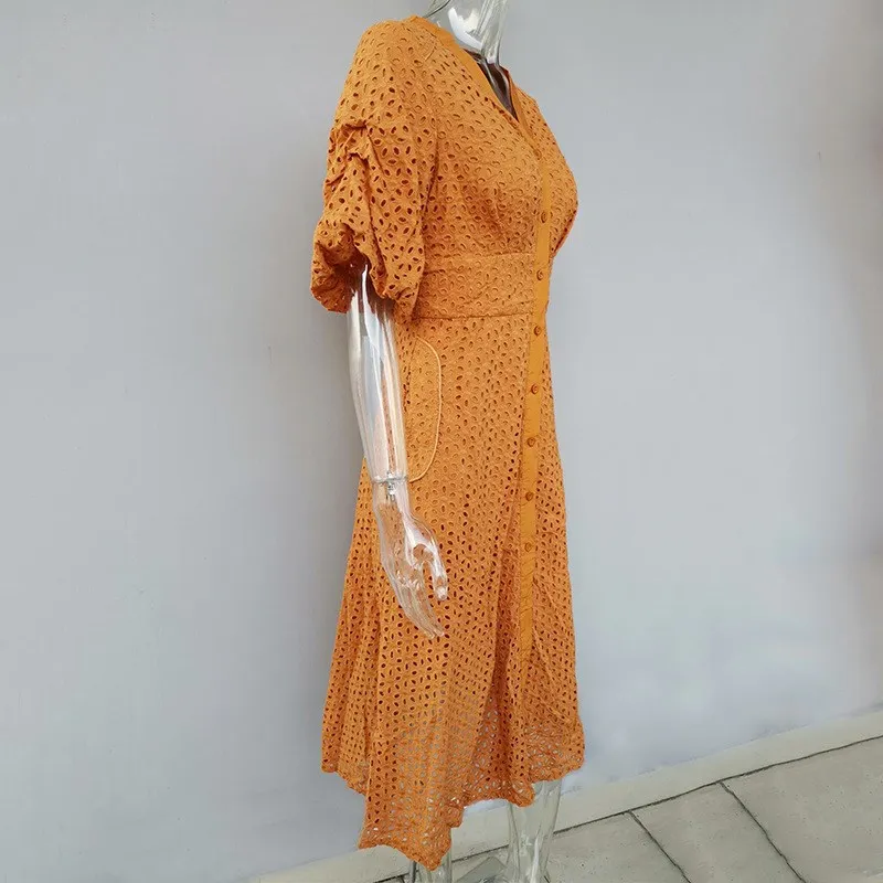 

2019 Summer Vintage Hollow Out Holiday Dress High Waist Puff Sleeve Maxi Dress For Women V Neck Pure Elegant Dress