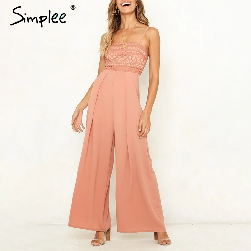 

Simplee Sexy strap lace hollow out women jumpsuit romper Elegant embroidery wide-leg jumpsuit long overall Solid summer playsuit
