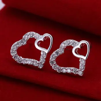 

925 jewelry silver plated earrings, 925 jewelry jewelry, Inlaid Double Heart Earrings E104