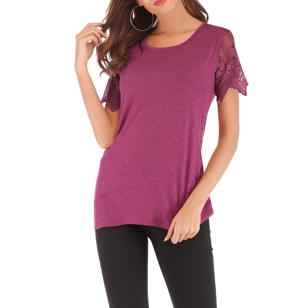

Tshirt Summer 2019 Plus Size Lace Tops Solid Short Sleeve O Neck Loose Leisure Fashion Cotton Spandex Party Gift For Mom D30