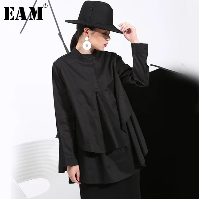 US $16.80 [EAM] Women Double Layers Hem Cotton Big Size Blouse New Stand CollarLong Sleeve Loose Fit Shirt Fa