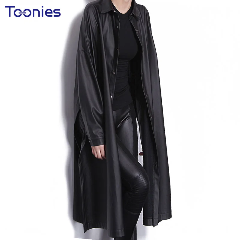 Female PU Jacket Black Long Trench Coat Women Single