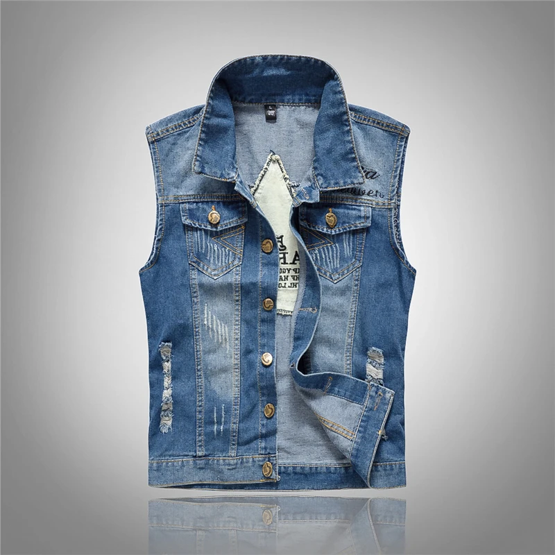 Men's Denim Vest Men 5XL Vest Mens Causal Cotton Multi Pocket Sleevless Jeans Jacket male