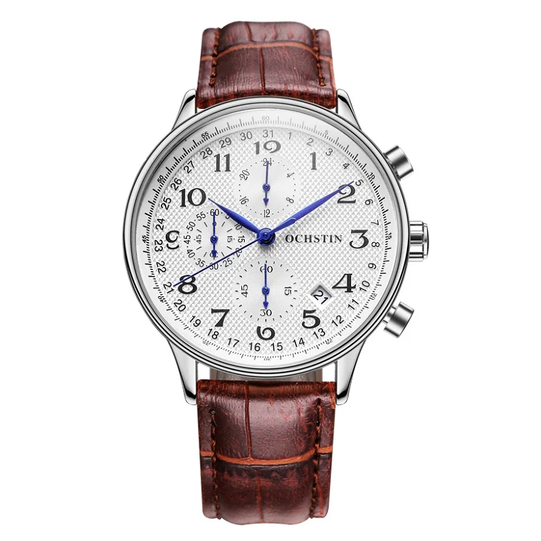 Мужские наручные часы с хронографом, мужские спортивные часы с кожаным ремешком, Кварцевые водонепроницаемые часы с датой, relogio masculino - Цвет: Silver White 050C
