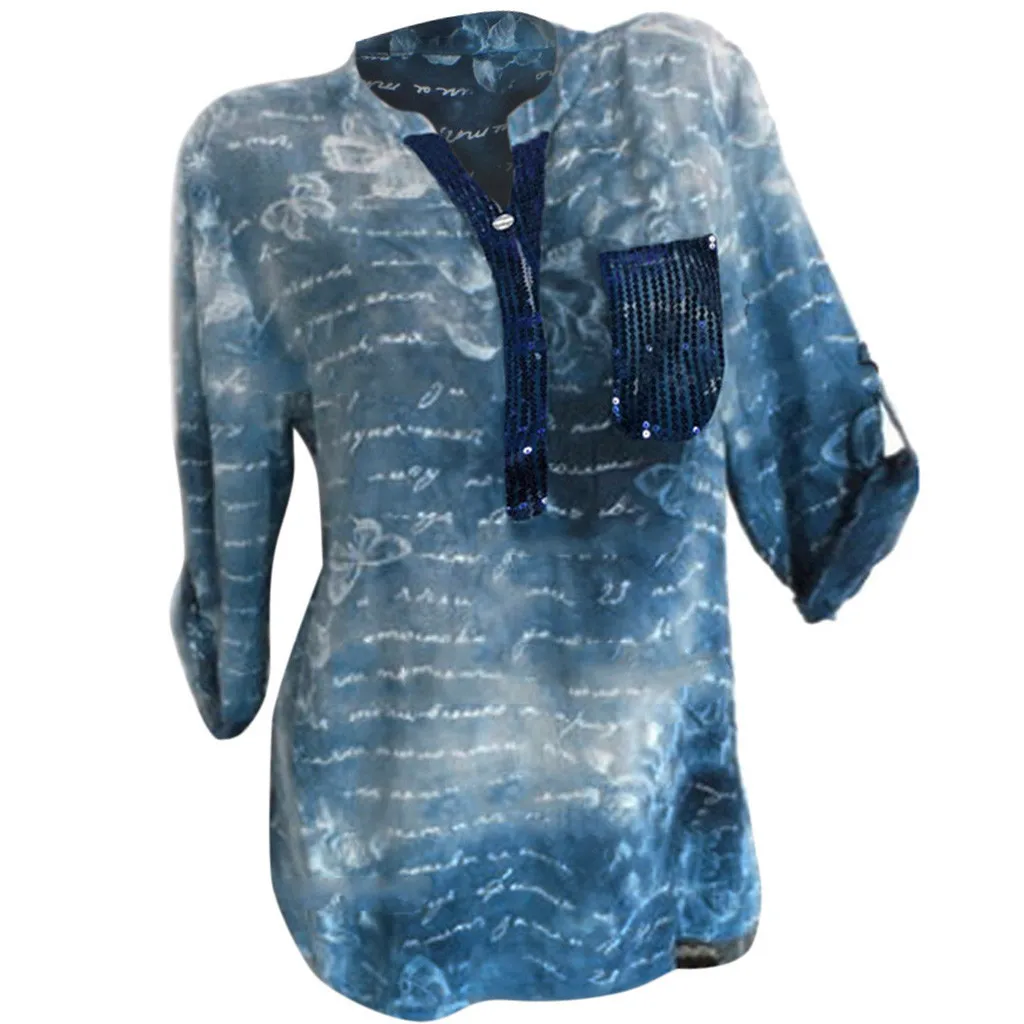 

FREE OSTRICH Women Shirts Sequined Stand Print Large Size Long Sleeve Bue Loose Trend Elegant Noble Vogue Summer Blouse Shirts