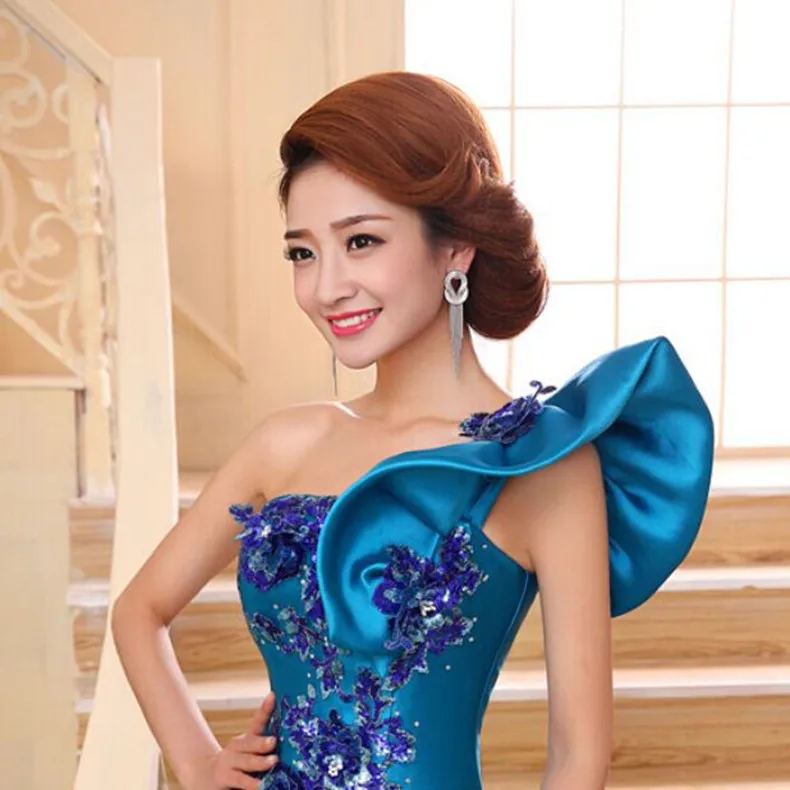 Robe de soiree elegant Blue one shoulder princess mermaid evening dress lace formal vestido de festa prom dresses party dresses