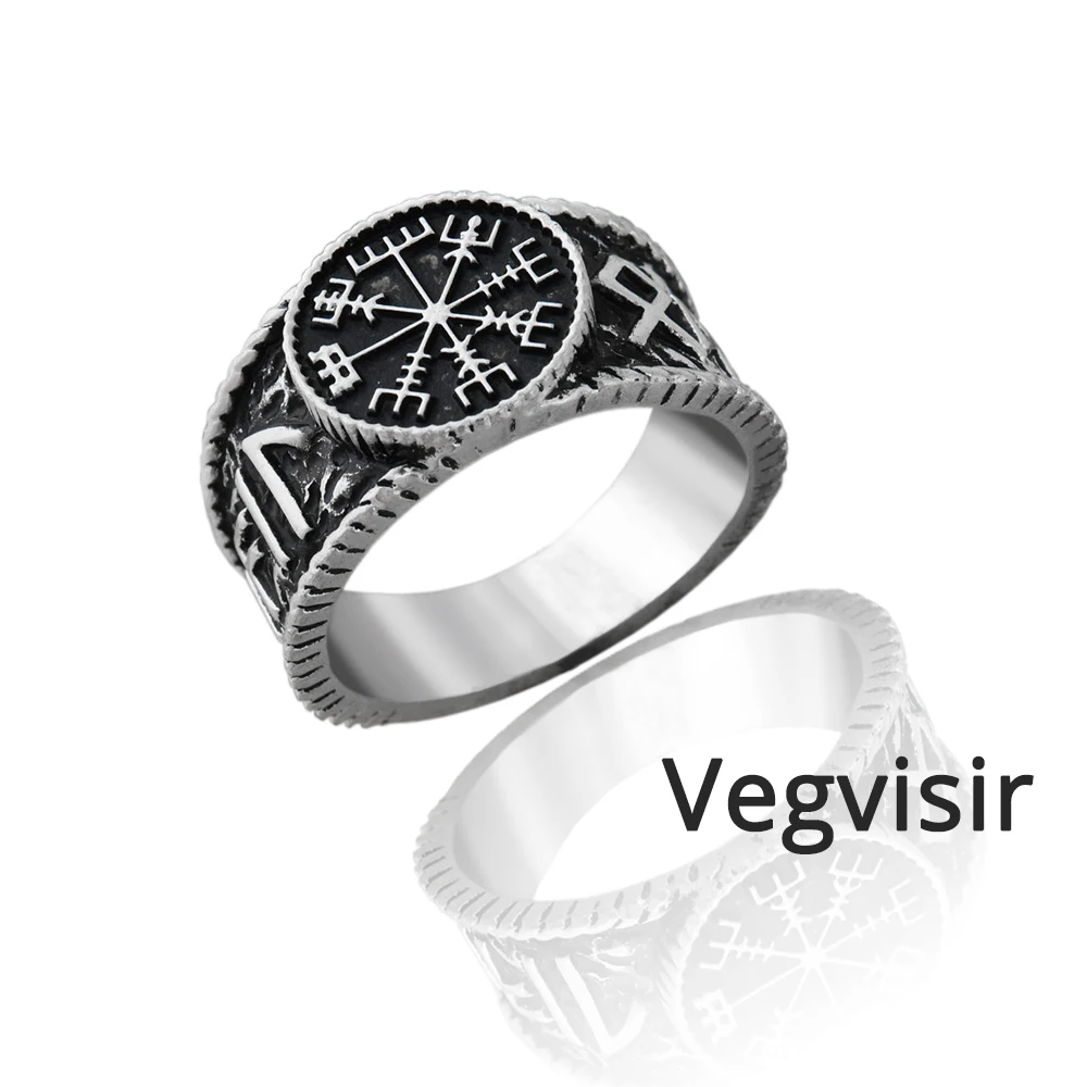 

Norse viking Ring Men's Futhark pagan Compass Vegvisir badge jewelry 1pc