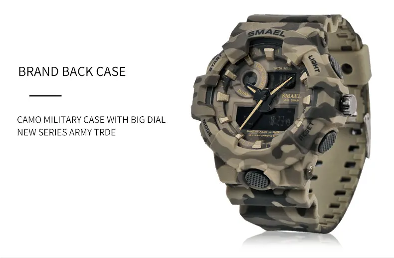 Новые камуфляжные военные часы SMAEL Брендовые спортивные часы светодиодный кварцевые часы мужские спортивные наручные часы 8001 мужские армейские водонепроницаемые часы