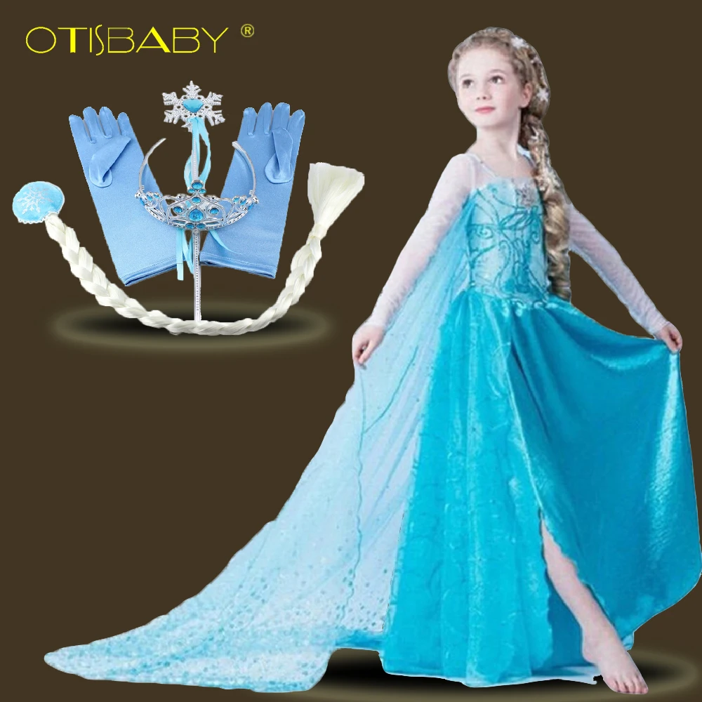 Летний Стиль Дети платье Эльзы для девочек Костюмы с длинной накидкой Снежная королева выпускного вечера вечерние с длинным рукавом Красота платье для девочек для От 2 до 12 лет
