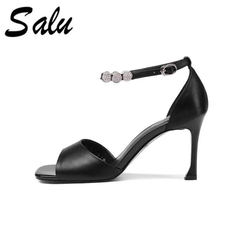 

Salu 2018 genuine leather summer shoes fashion casual shoes woman black sandals shoes woman high heels shoes