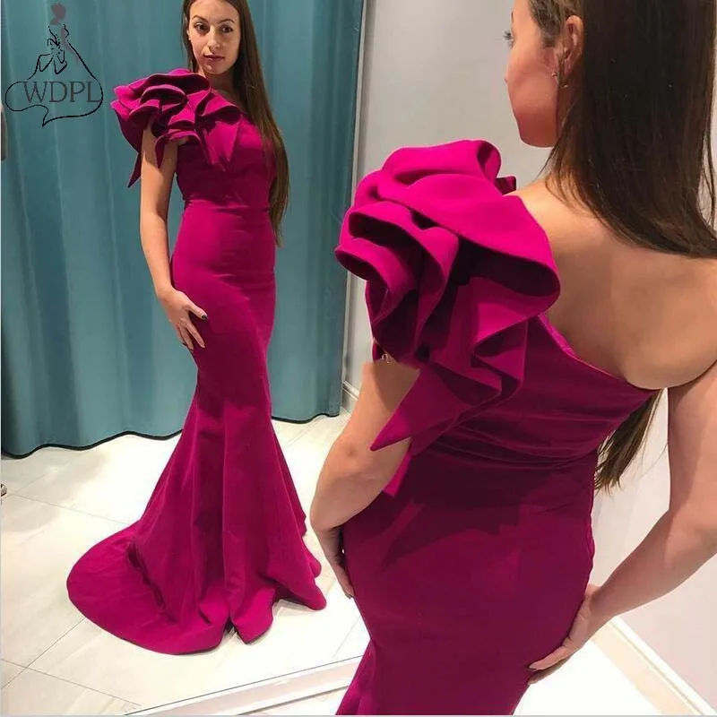 Chic Mermaid One Shoulder Sweep Train Fuchsia Prom Dress with Ruffles Cheap Elastic Satin Sleeveless Evening Formal Dresses Custom Made