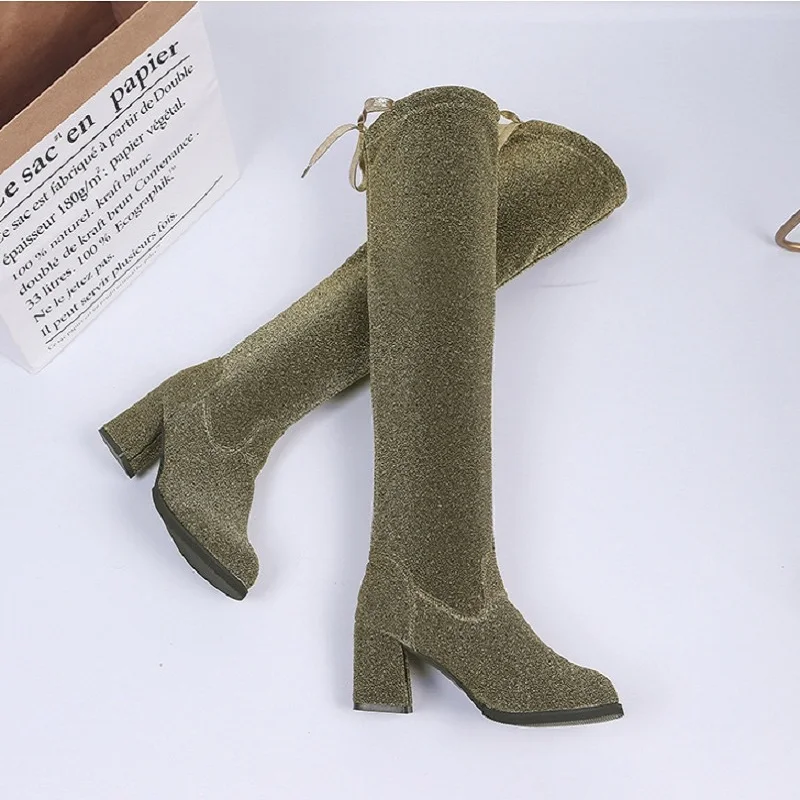 

2018 autumn new round head thick with fashion wild bright face over the knee women's fashion boots green ljj 1031