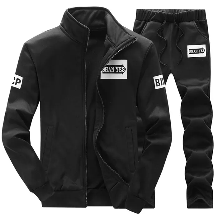 Casual Tracksuit Men Sweatshirts Slim Men Set Pants Suits Solid Long Sleeved Male Clothing Hoodie+Pants Men Sportswear - Цвет: 22 Black Suit