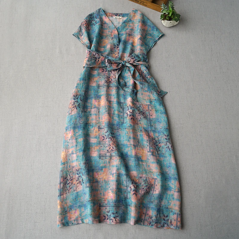 

Summer New Arrival Women Loose Plus Size Vintage Blue Print V-neck Comfortable Water Washed Thin Ramie Dresses W/h Belt 2 Colors