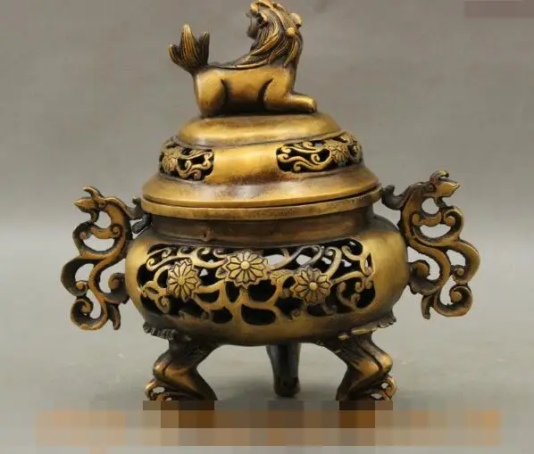 

S06108 8" Folk Chinese Bronze Lucky Flower Handle Lion Statue Incense Burner Censer