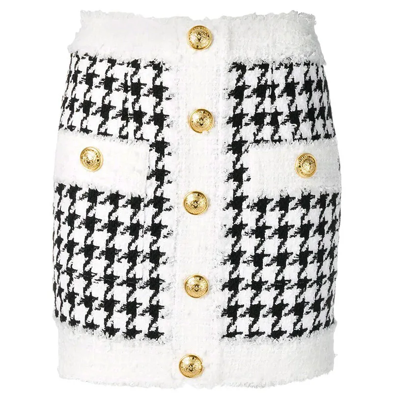 

HIGH QUALITY Newest 2019 Fall Winter Baroque Designer Skirt Women's Fringed Lion Buttons Houndstooth Tweed Mini Skirt