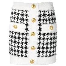 Fringed Lion Buttons Houndstooth Tweed Mini Skirt