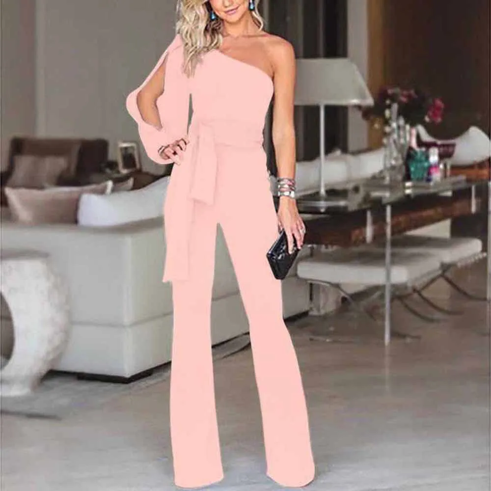 Women Solid Long Sleeve Cold Shoulder Jumpsuit Casual Clubwear Wide Leg Pants Jumpsuit long pants overalls for women L30627