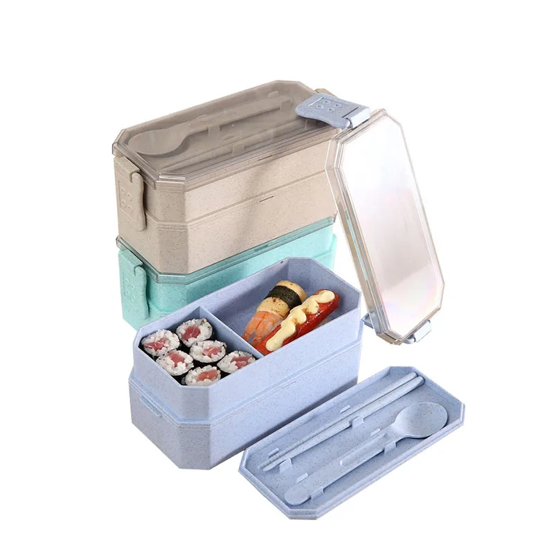 

Double Layer Wheat Straw Lunch Box Sub-grid Square Leak Proof Bento Box Kids Food Container Lunchbox Organizer for School Picnic