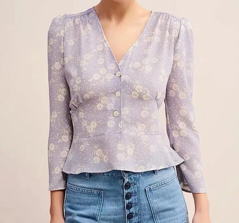 

2019 New Women Top V Neck Front Buttons Sweet Slim Shirt