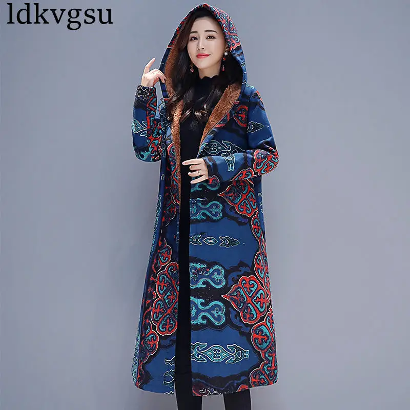 

2019 NEW Autumn Winter Retro Buckle National Wind Print long Windbreaker Jacket Women Cotton Linen velvet thick Hooded Coat V175