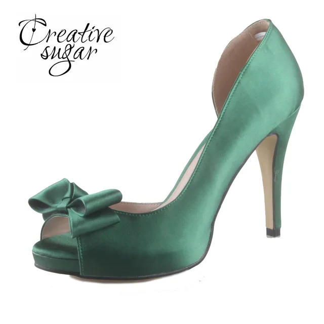 Creativesugar Handmade Dark Christmas Green Satin D Orsay Open Toe Creativesugar Handmade Dark Christmas Green Satin D Orsay Open Toe With Bow Platform High Heels