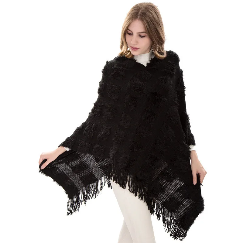 Новинка, модное кашемировое пончо с кисточками, зимнее теплое Женское пальто, однотонное пальто, накидка с капюшоном, шаль-пончо женское Inverno - Цвет: Black