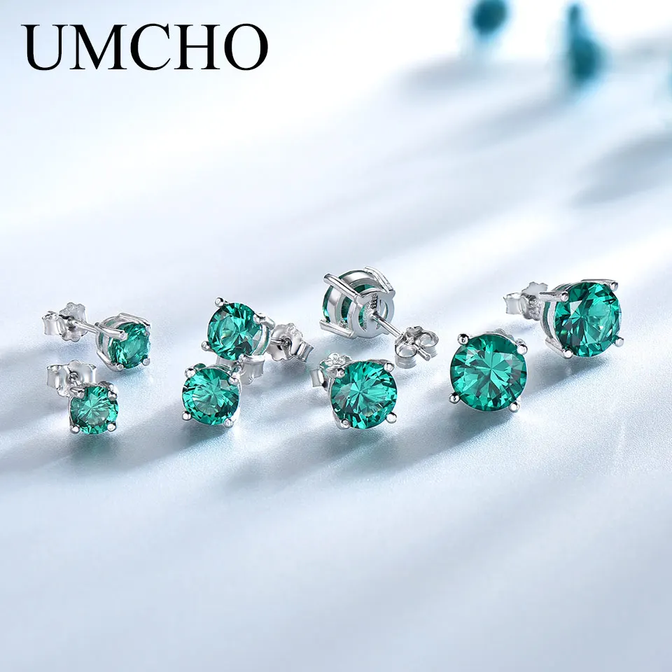 Umcho Real 925 Sterling Silver Jewelry Created Russian Emerald Stud Jewelry Earrings