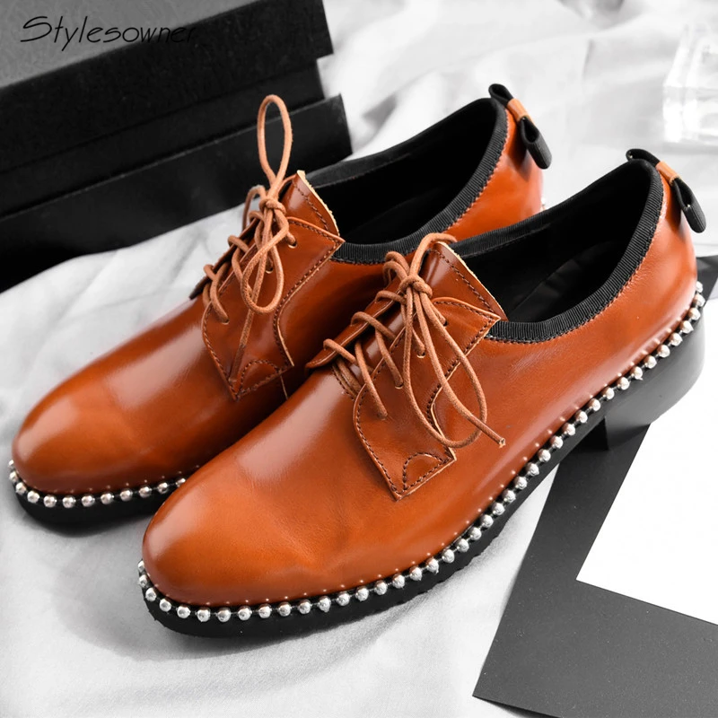 

Stylesowner Euro Design Women Lace Up Cow Leather Zapatos Mujer Metal Beading Lady Leisure Shoes Butterfly Knot Single HeelShoes