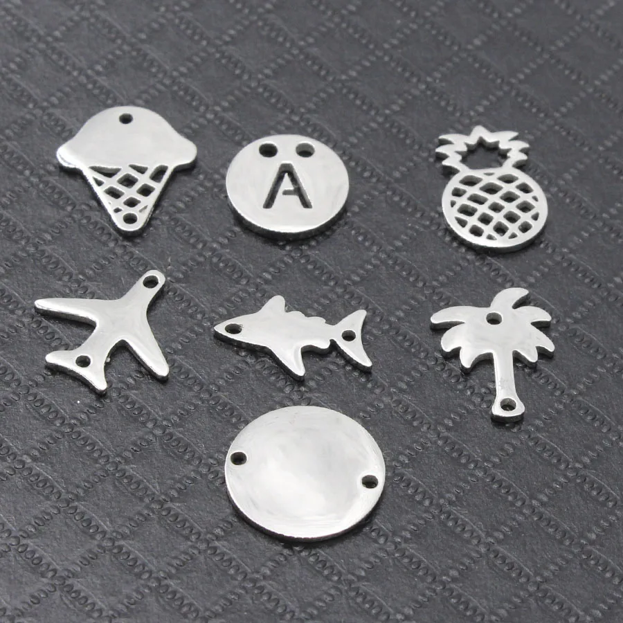 

Fnixtar Full Mirror Polish Stainless Steel Mini Fish Airplane Pineapple Icecream Tree Letter A Charm 2 Inner Hole DIY20Piece/lot