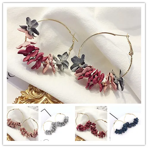 Fabric Flower Petal Hoop Earrings For Women Fashion Alloy Circle Round  Big Earrings Female Jewelry