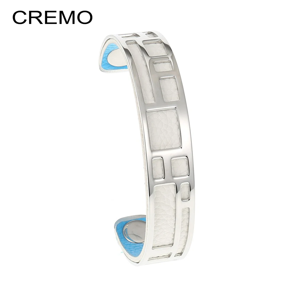 

Cremo Labyrinth Cuff Bangles Leather Stainless Steel Bracelets Argent Bijoux Femme Manchette Reversible Layered Bangle Pulseras